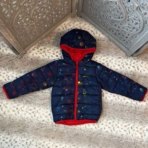 Rainbow space zip up puffer jacket boys 2T aliens rocket outdoor waterproof